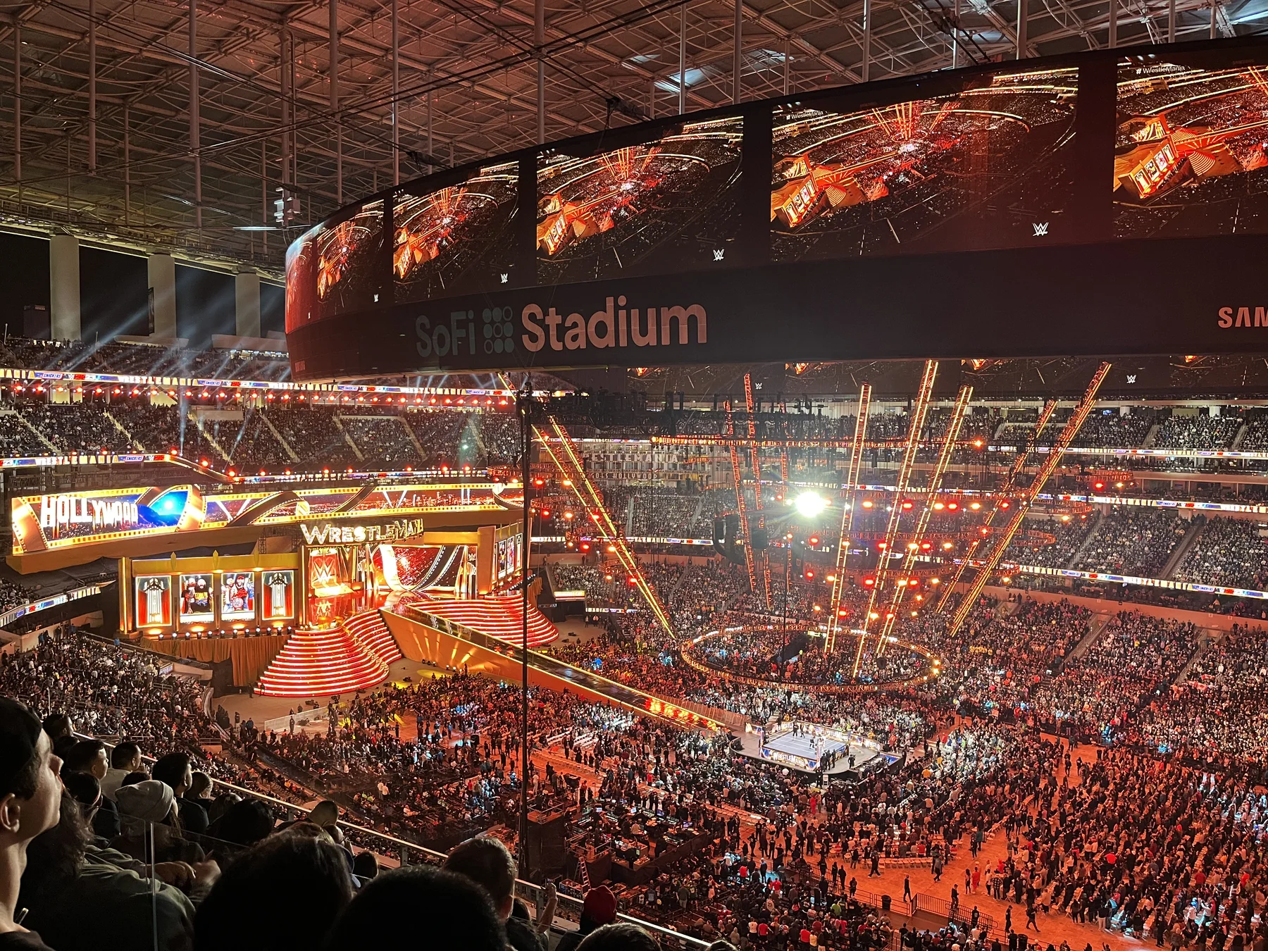 WrestleMania 39 stage, ring and crowd fill SoFi Stadium during a live WWE event