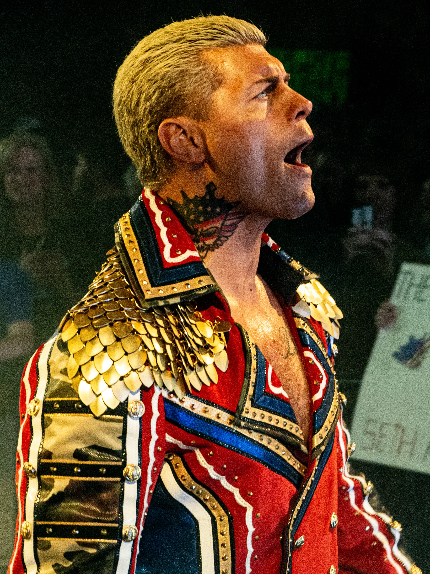 Cody Rhodes wearing entrance-style outerwear at a WWE event